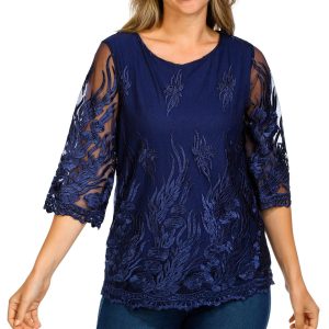 Women's Petite Solid Embroidered Top