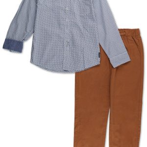 Boys 2 Pc Blue Collared Shirt and Jogger Pants Set